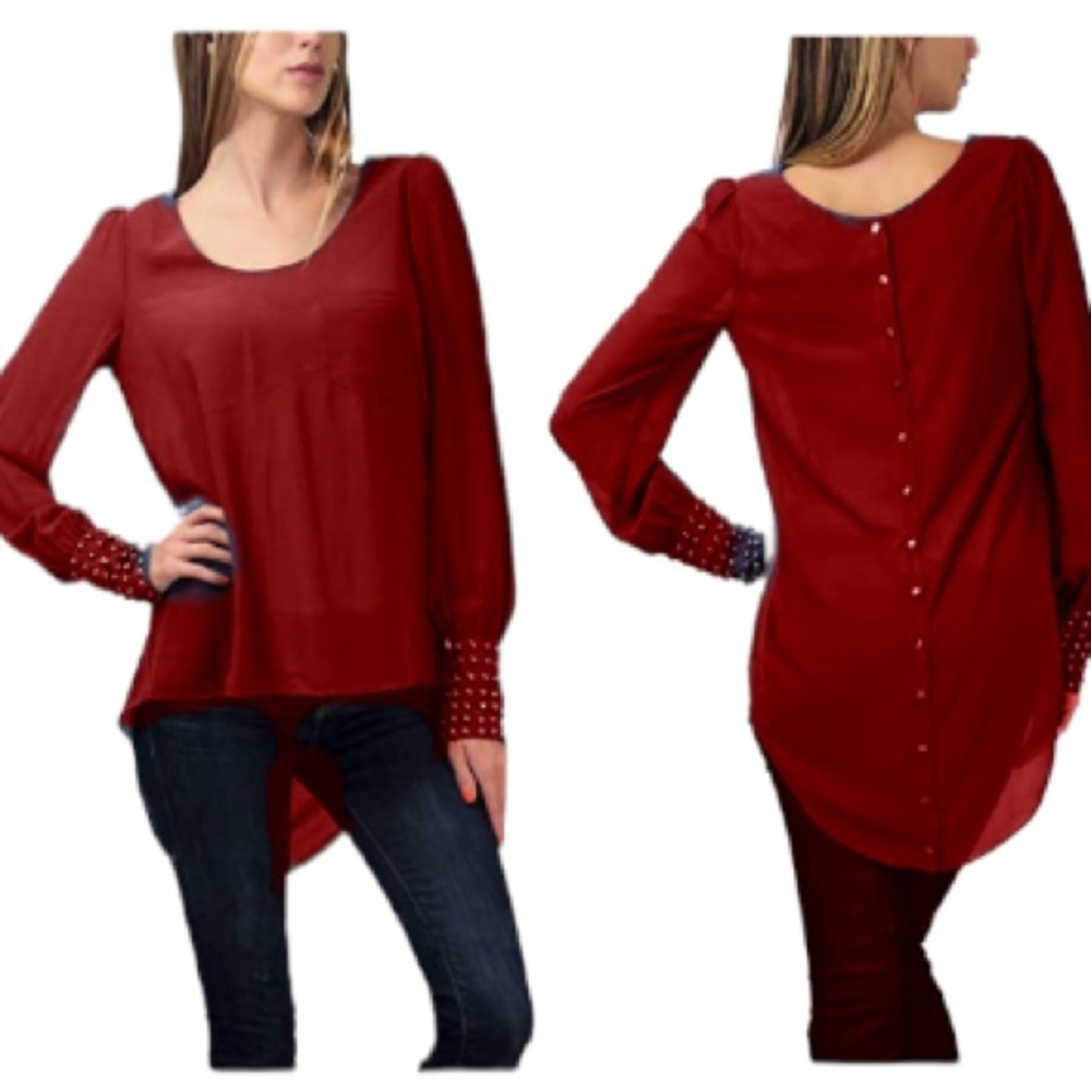 Blouse shirt tunic tee top t red fashion studs buttons high low
